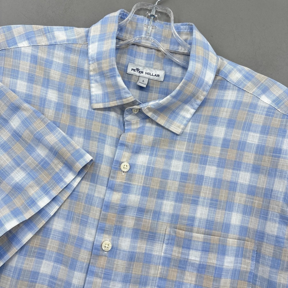 Peter Millar Shirt Men Large Blue Tan Plaid Check Button Up Short Sleeve Stretch